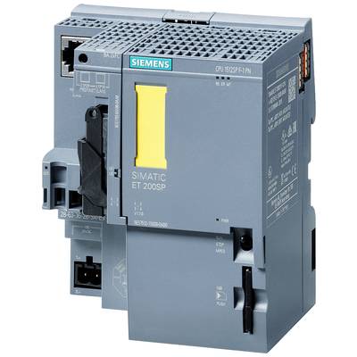Industrial automation unit 'Siemens SIMATIC ET 200SP'; compact, modular, grey with yellow switch, Ethernet and power connections.