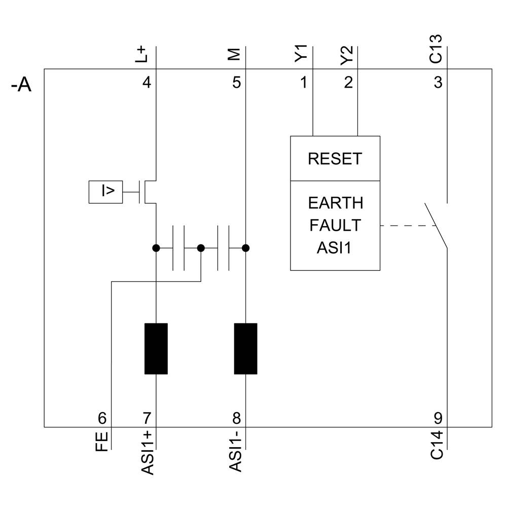 'Circuit diagram shows an earth fault monitoring system with RESET, EARTH FAULT and ASI1. Connections to L+, M, Y1, Y2, C13 and C14.'