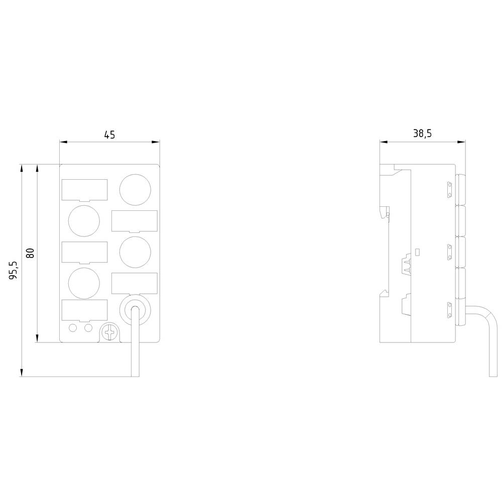 Technical drawing of a multi-socket outlet with dimensions: height 80mm, width 45mm, depth 38.5mm. Shows socket outlets and cables.