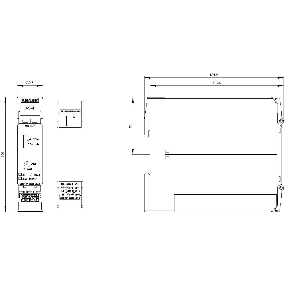 Technical drawing of an electronic device with dimensions. Shows front and side views, height and width measurements in millimetres.