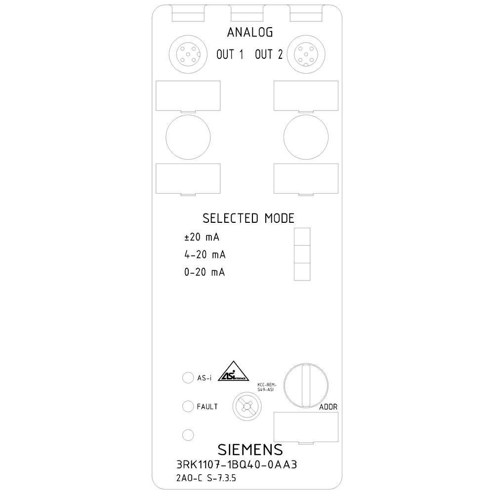 Siemens analogue module with two outputs, three adjustment modes: ±20 mA, 4-20 mA, 0-20 mA. Display for AS-i, error, and address switch.