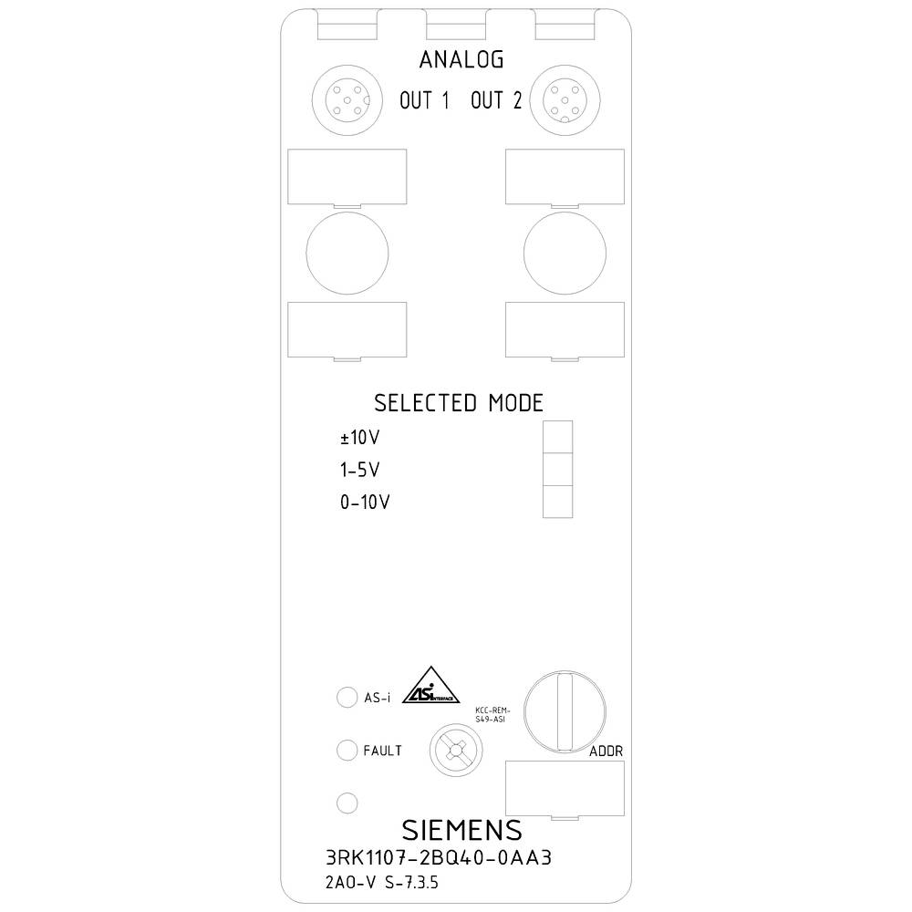 'Siemens module 3RK1107-2BQ40-0AA3 displays analogue outputs, selected mode, AS-i connections and LED indicators for errors and status.'