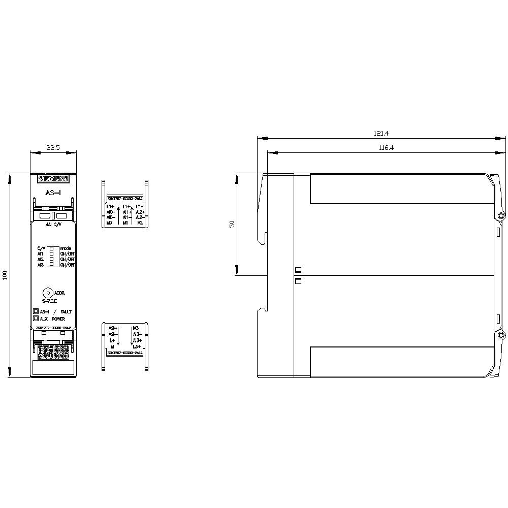 Technical drawing of an electronic device; shows front and side view with dimensions: 121.4mm width, 116.4mm height.