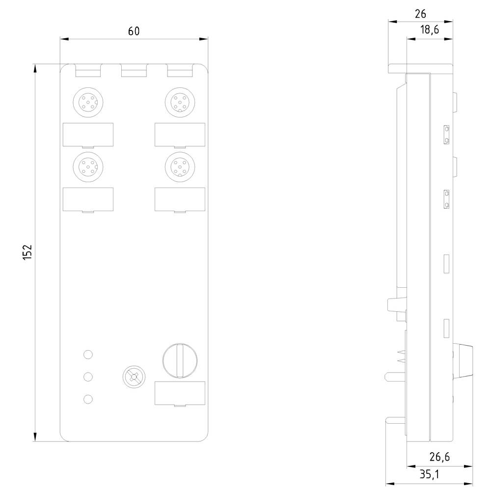 Drawing of a rectangular technical component with dimensions: 152 mm high, 60 mm wide, side view 26 mm deep. Contains multiple connections.