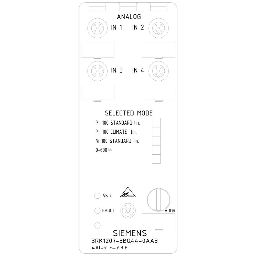 Siemens device label with analogue input terminals, selected mode (Pt 100 standard, Pt 100 climate, Ni 100 standard, 0-600V) and status indicators.