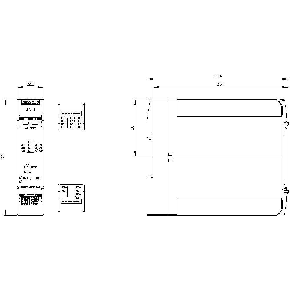 Technical drawing of an electronic device with dimensions in millimetres. Front and side views show connection details.