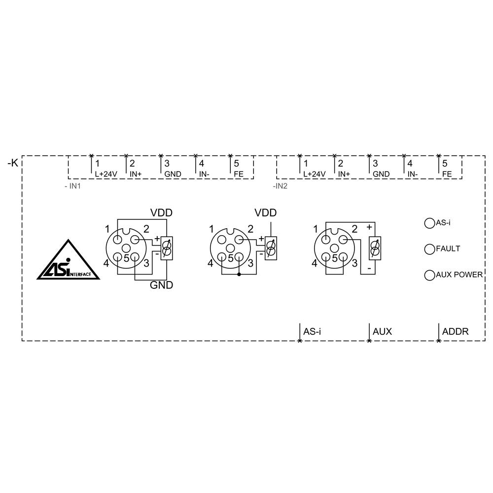 'Circuit diagram of an electronic circuit with AS-i and AUX connections. Two VDD connections and three round connectors are shown.'