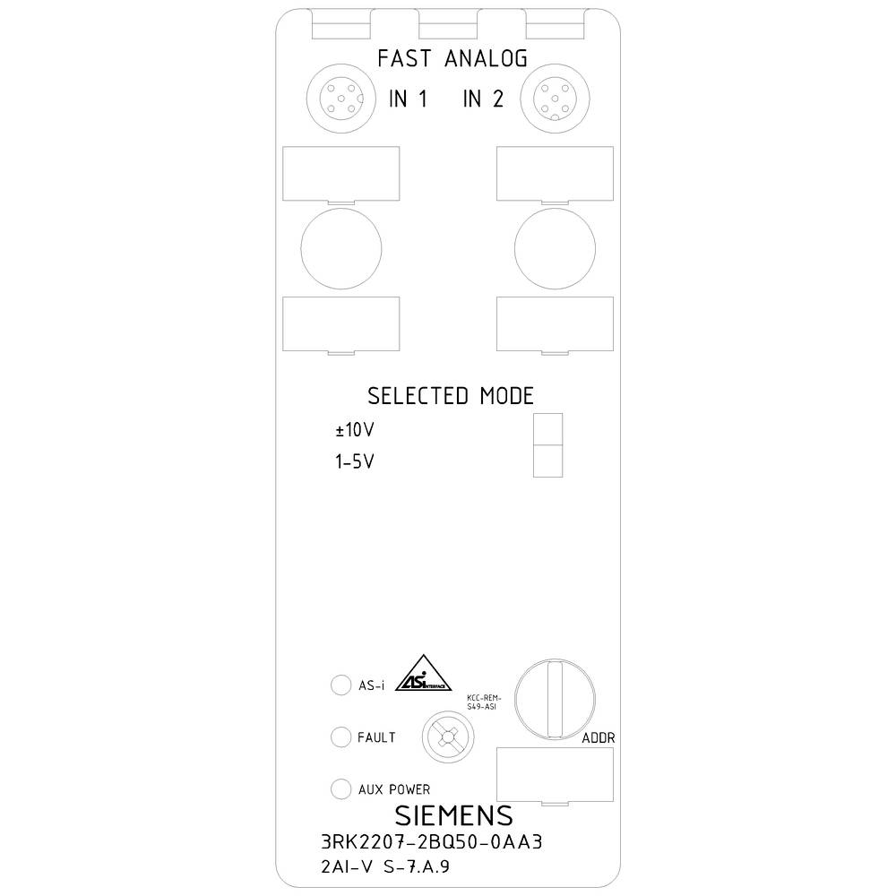 'Siemens module front panel with two slots, labelled for Fast Analog Input 1, Input 2 and selected modes. Power and status indicators below.'