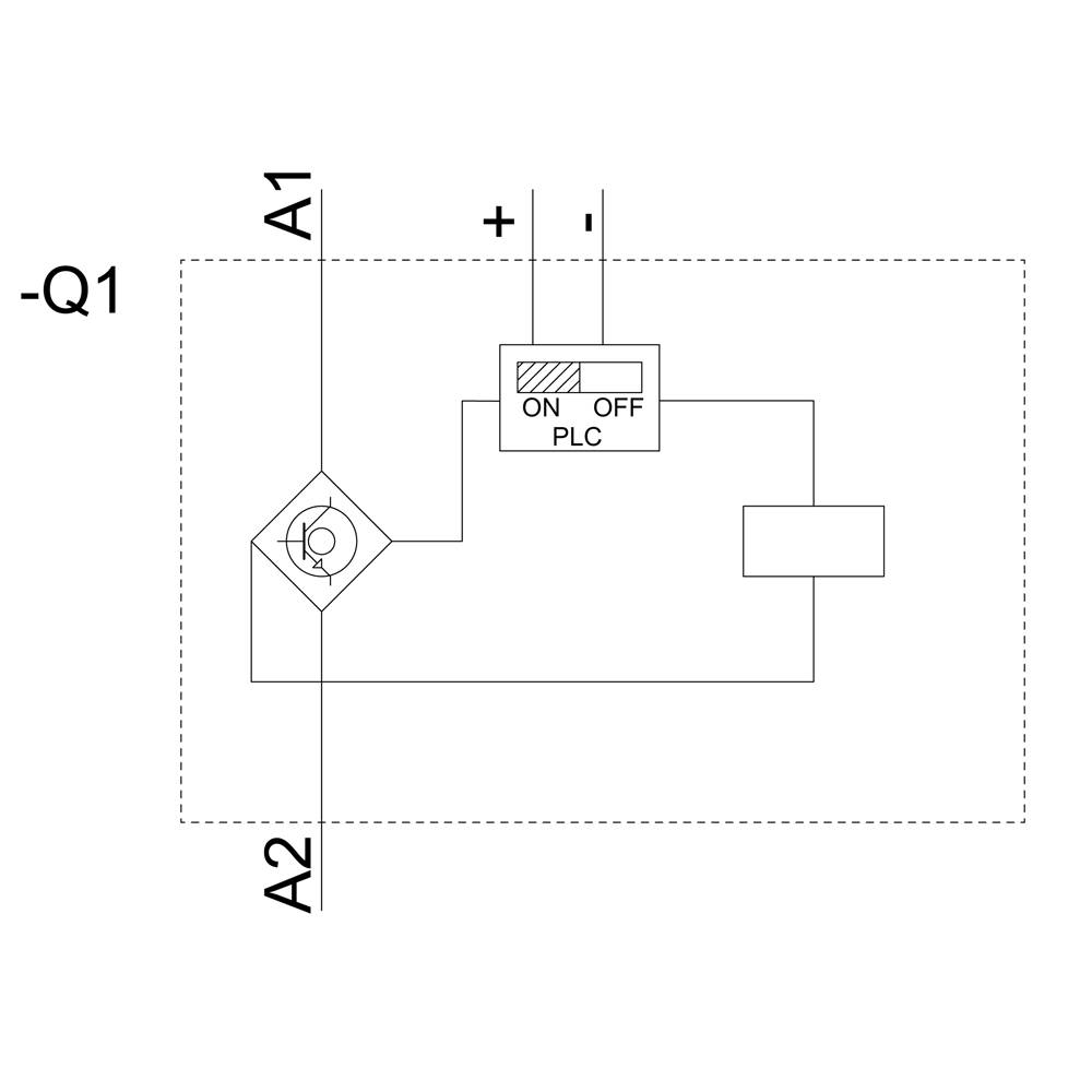 Switching symbol of the motor contactor: ON/OFF status indicator is controlled by PLC. Connections are marked with positive and negative terminals.