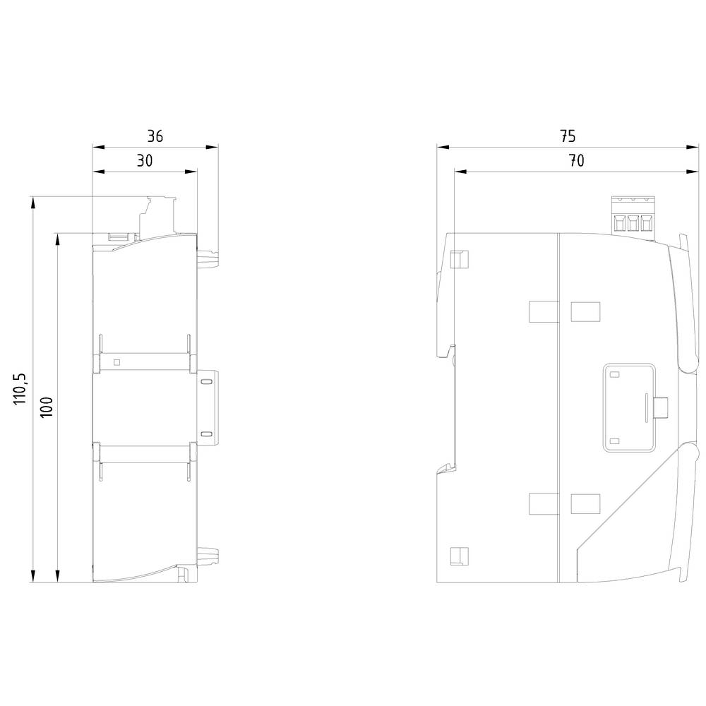 Technical drawing of an electrical switchgear, showing front and side views with dimensions in centimetres for construction planning.