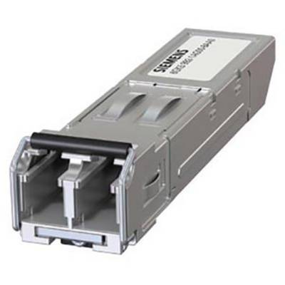 A Siemens SFP module in a rectangular shape, with a metallic housing and connectors at one end, is used for network connectivity.