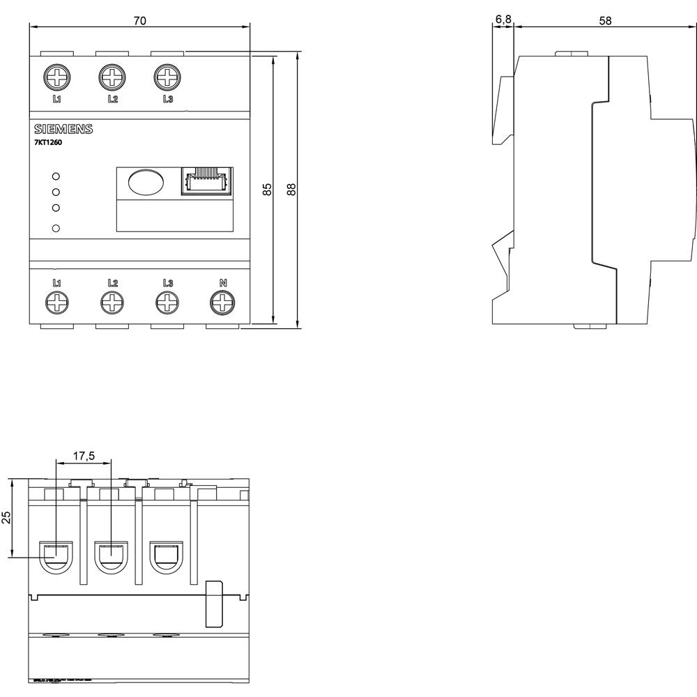 Diagram of a Siemens Relay: Front view shows terminals and LED indicators. Side views illustrate dimensions and mounting features.