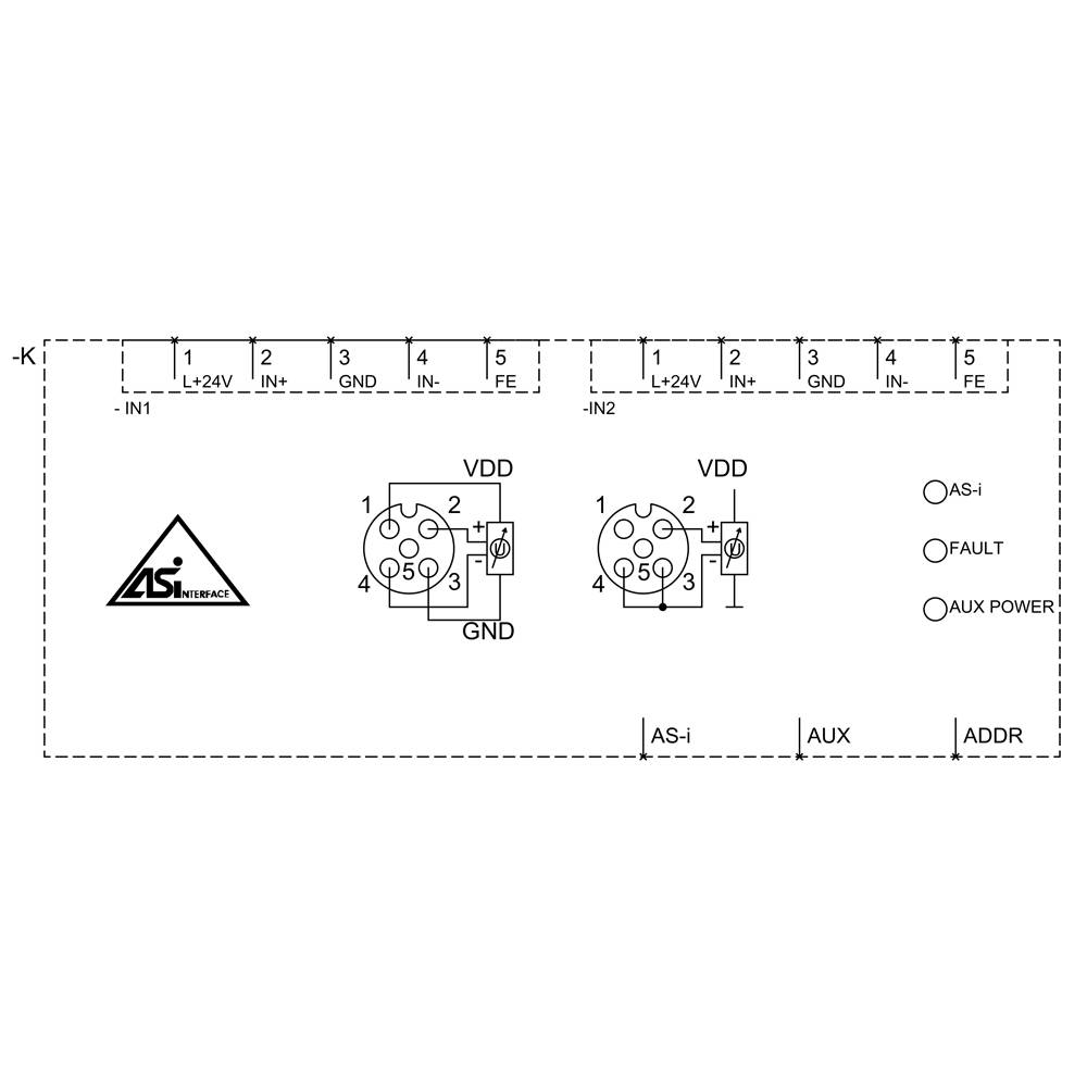 Circuit diagram of an electrical connection system with two VDD configurations. Labelled with connections for AS-i, FAULT, AUX POWER.
