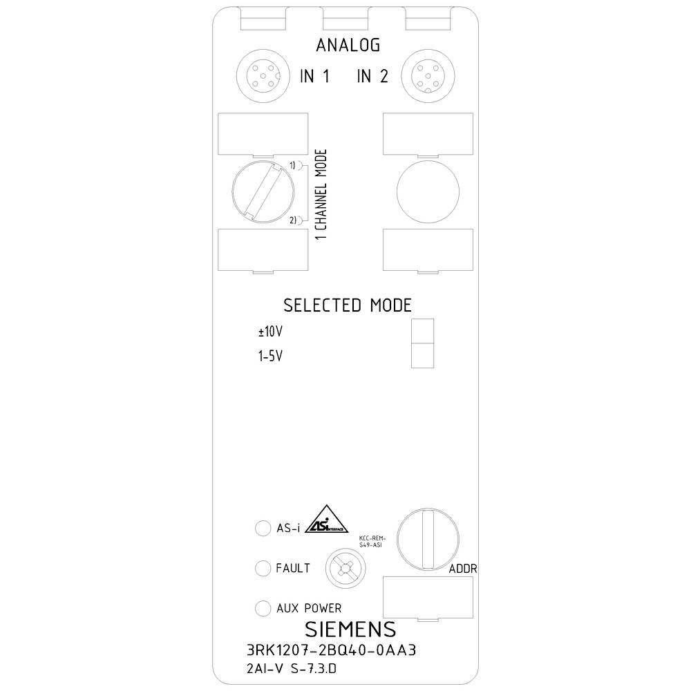 'Siemens 2AI' Module: Mode selection for analogue inputs, ±10V or 1-5V. Indicators: AS-i status, errors. Address setting below.