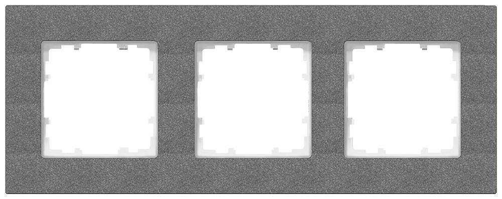 Triple frame made of grey material for switches or sockets, rectangular with three equally sized cutouts.