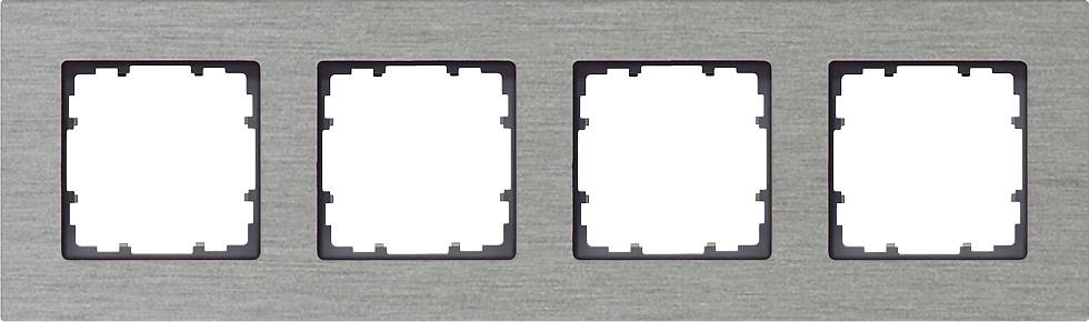 Four-way metal light switch frame, horizontally aligned, with square cutouts for switch modules.