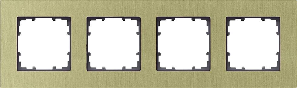 Four empty square switch frames in a line on a light golden surface. They are evenly arranged.