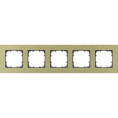 Five-way brass frame with empty recesses for switches or sockets, suitable for wall mounting in a room.