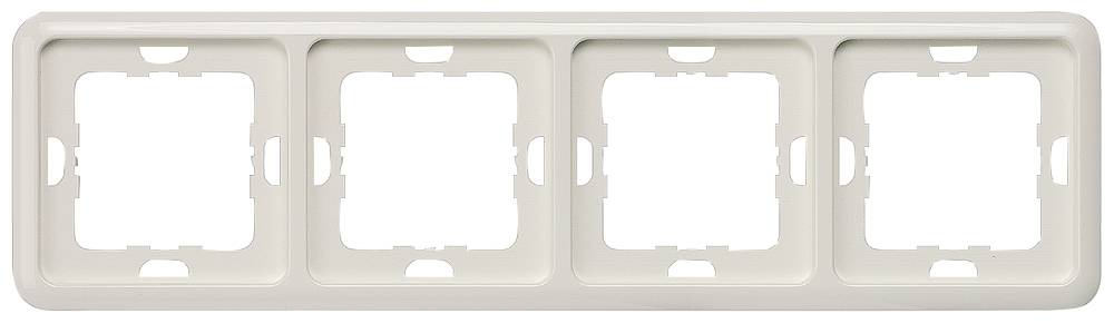 Four-gang white mounting frame for wall installation, suitable for switches or sockets, rectangular with a simple design.