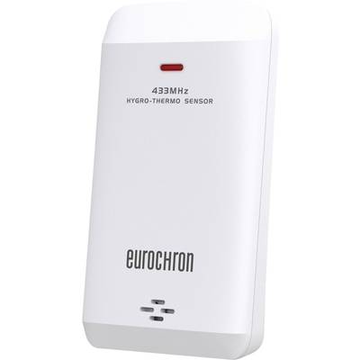 White hygro-thermo sensor with '433 MHz' and 'eurochron' inscription. Device for measuring temperature and humidity.