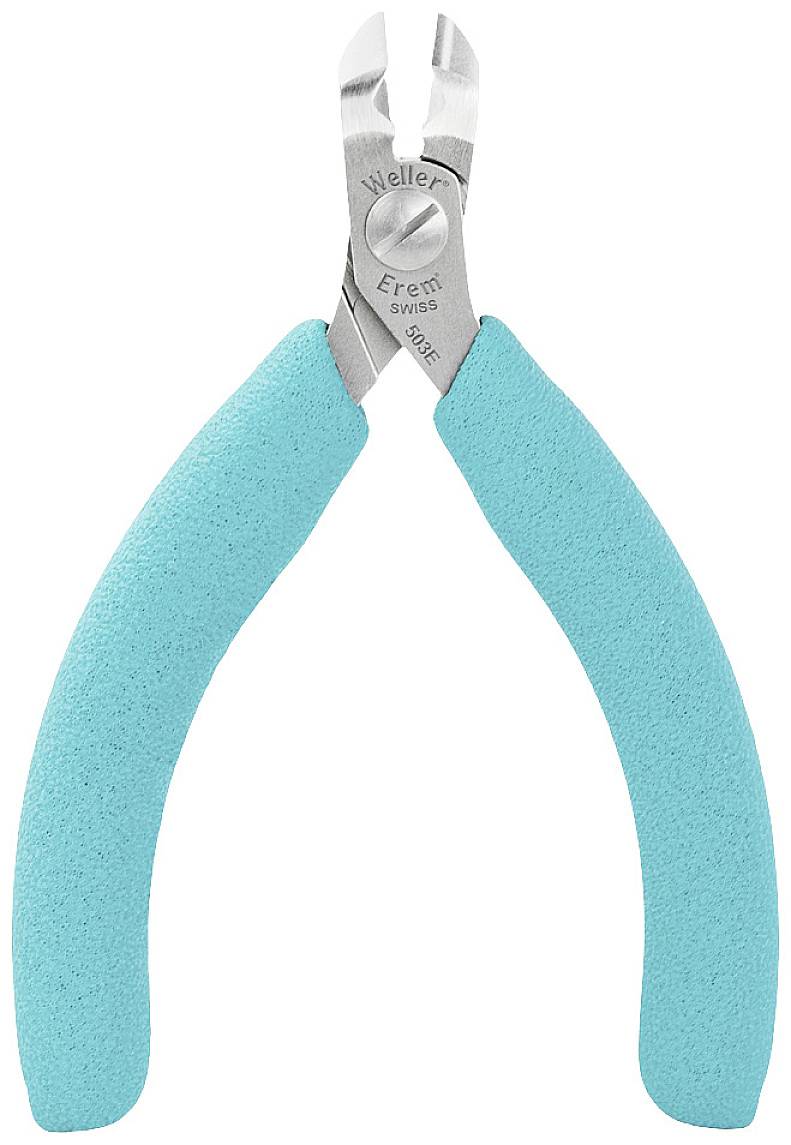 A blue side cutter with silver blades and an inscription on the blades. Suitable for precise cutting work.