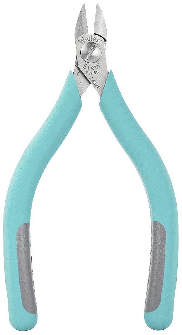 A turquoise side cutter with grey handles. Frequently used for precise cutting work in electronics or precision engineering.