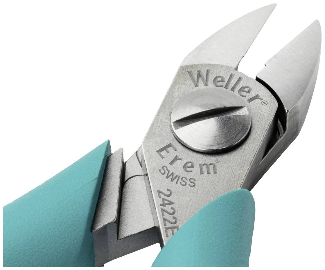Silver electronic side cutters with green handles, engraved 'Weller Erem Swiss'. High-quality cutting tool.
