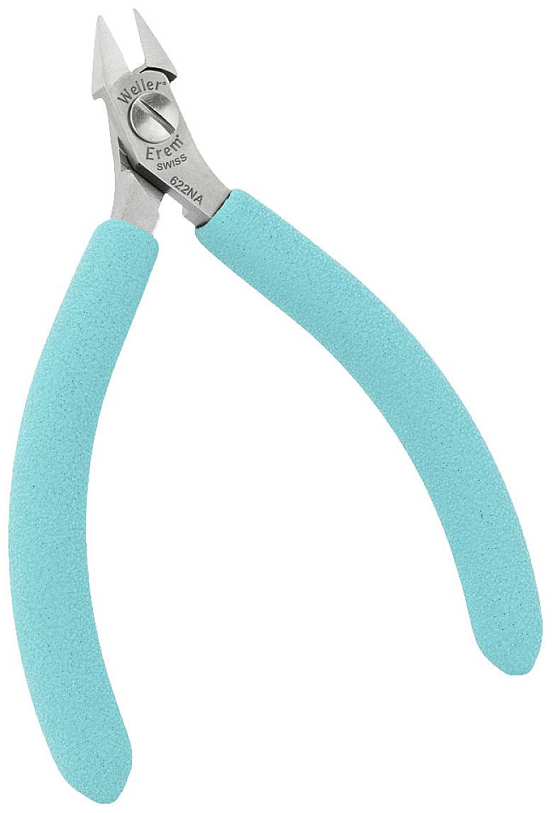 A pair of pliers with blue handles, suitable for precise cutting work. The metal part is marked with an inscription.