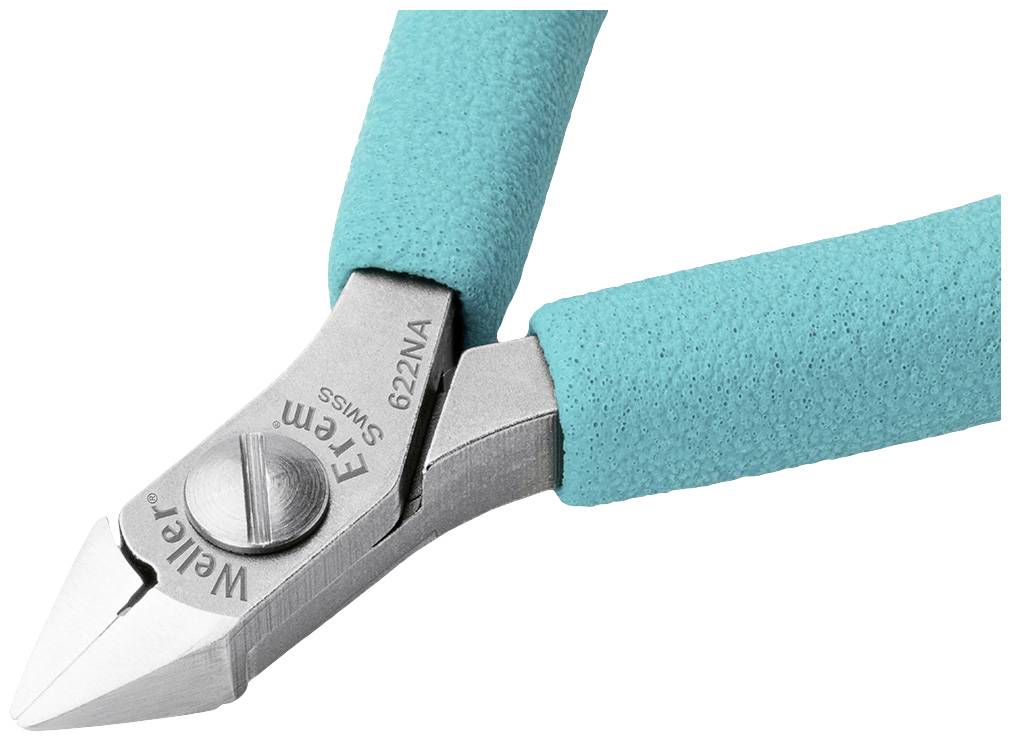 Pliers with turquoise handles and silver tip, suitable for precise cutting work. Designed by 'Weller', model 'Erem 622NA'.