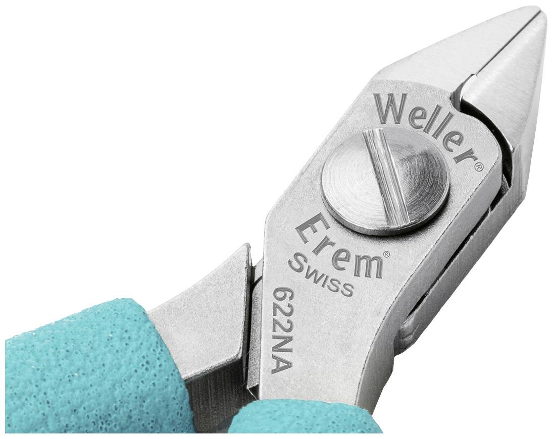 A silver precision pliers with the inscription 'Weller Erem Swiss 622NA', held by a person wearing a turquoise grip protection.