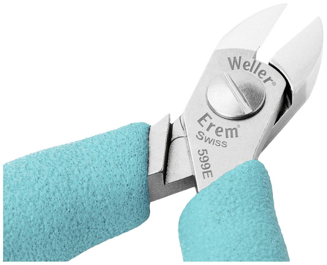Close-up of an Erem 599E precision side cutters with turquoise handles, suitable for delicate cutting work.