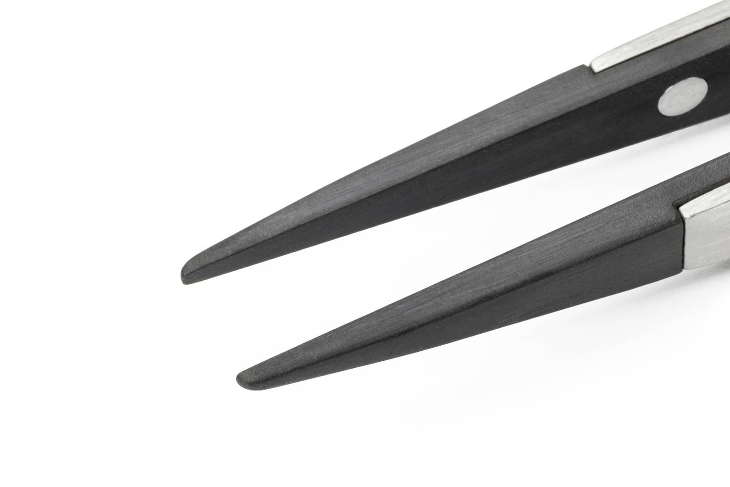 Close-up of a black pointed tweezers on a white background.