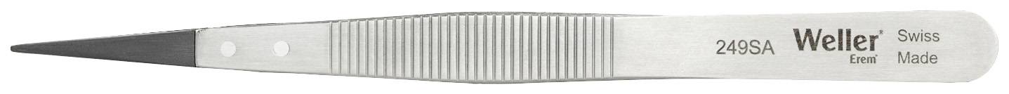 Metal tweezers with a knurled handle and fine tip, inscription 'Weller', 'fines', 'Swiss Made', and model number '249SA'.