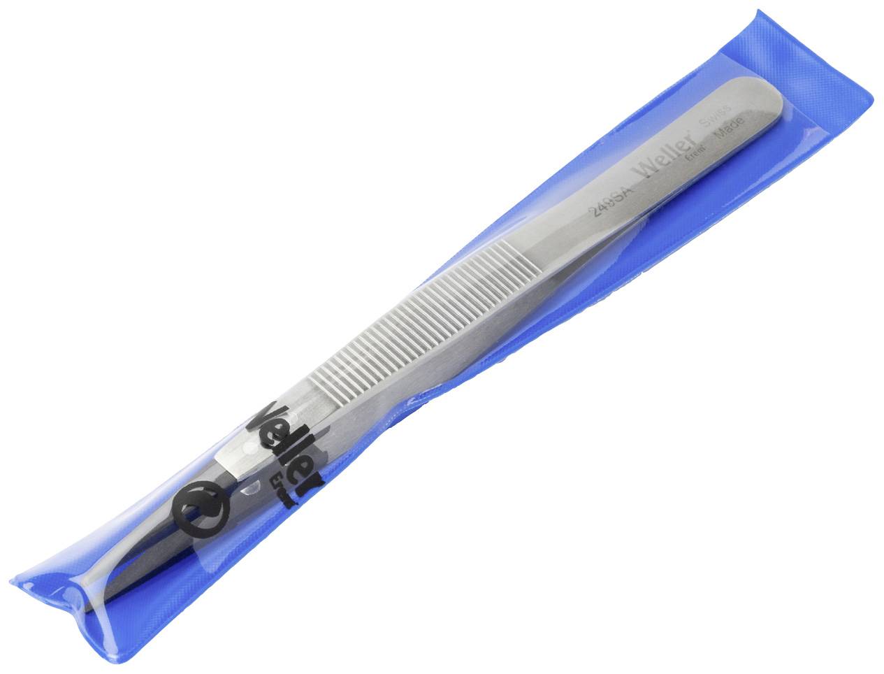 Metal tweezers in a blue plastic sleeve, suitable for precise work and electronics assembly.