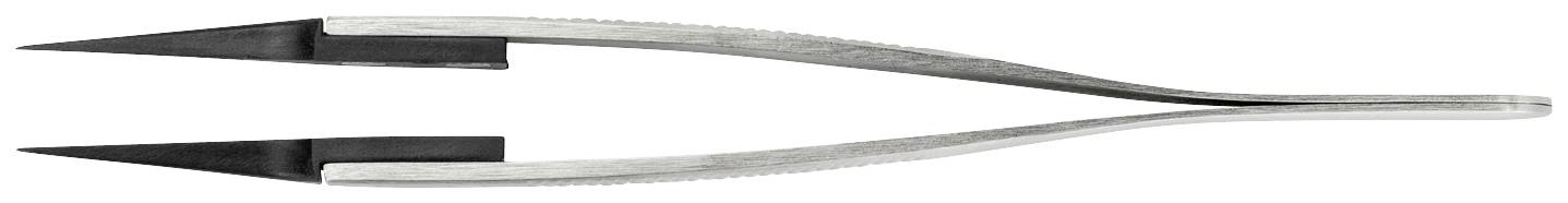 A silver tweezer with sharp, black tips lies horizontally. It is frequently used for precise work.