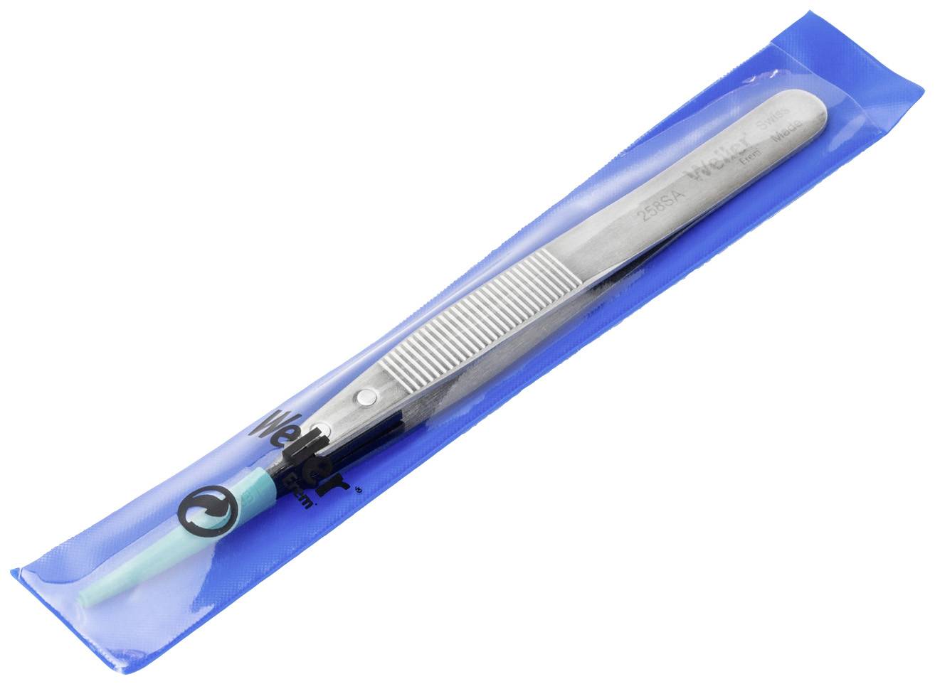 An unused, packaged scalpel blade with a blue-green handle in a long, narrow, blue plastic packaging.
