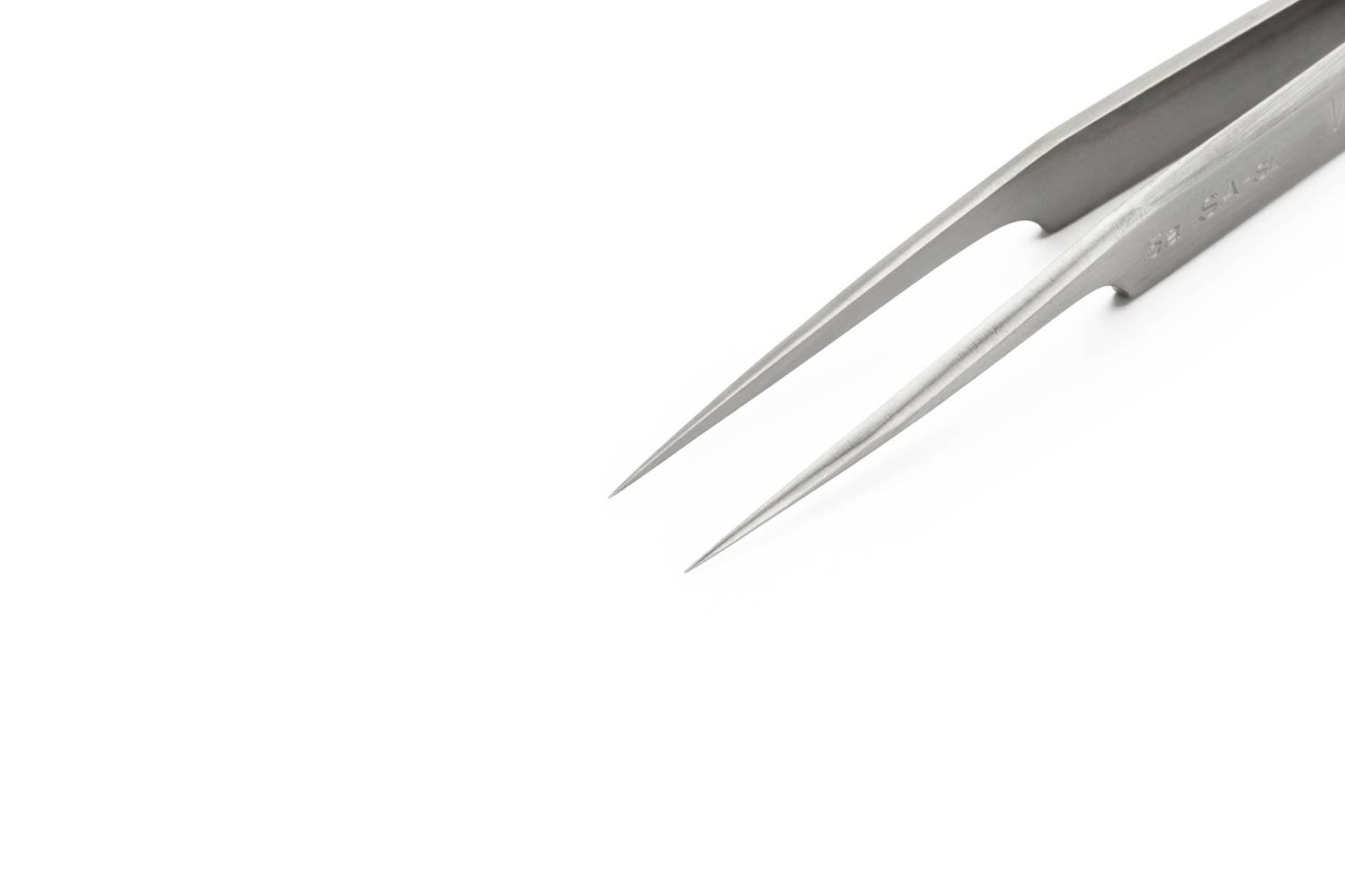 Tip of a metallic tweezers on a white background, showing a precision instrument used for handling small objects or materials.