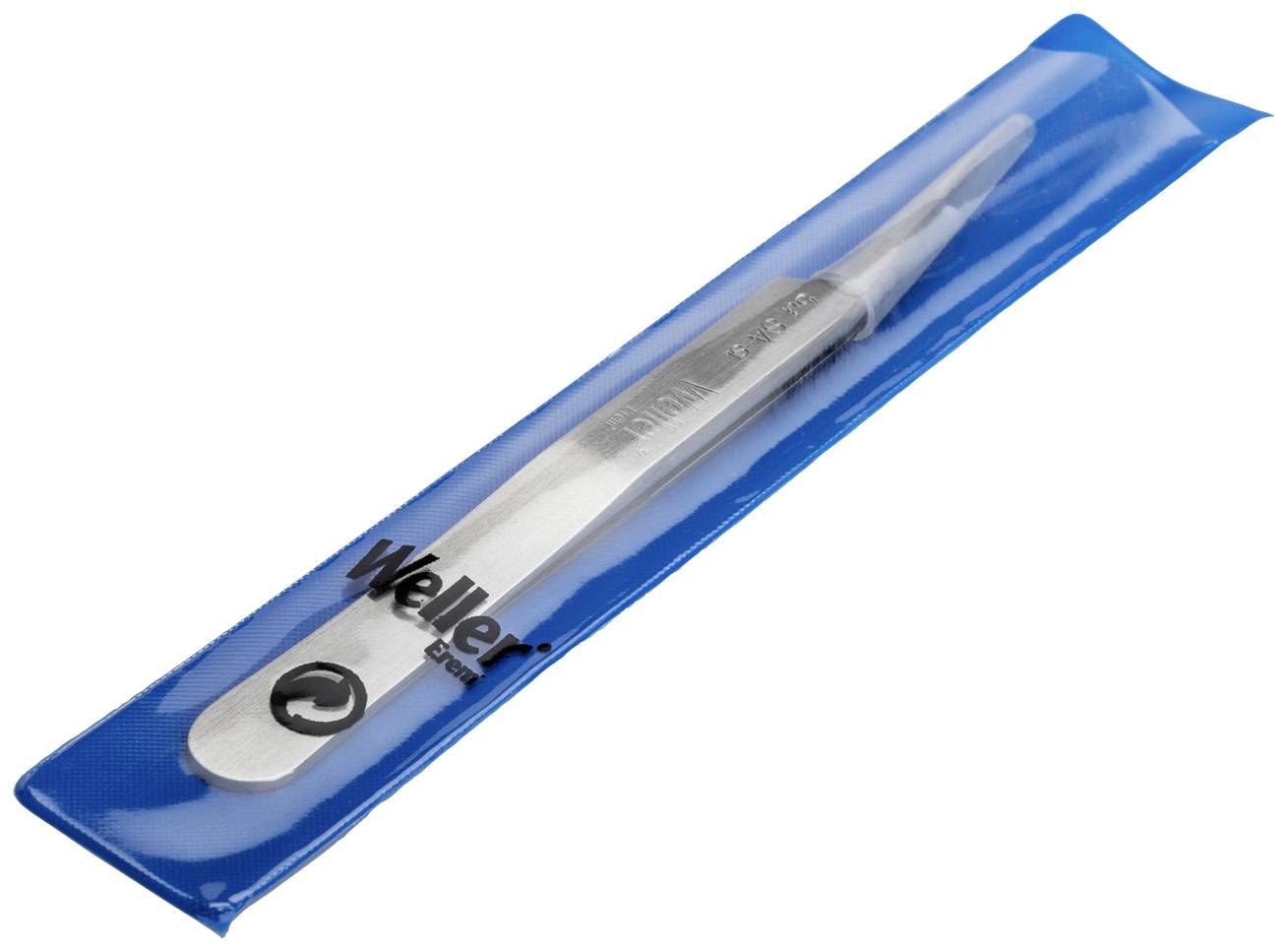 Silver Weller tweezers in a blue protective case. Used for precise work in electronics or fine craftsmanship.