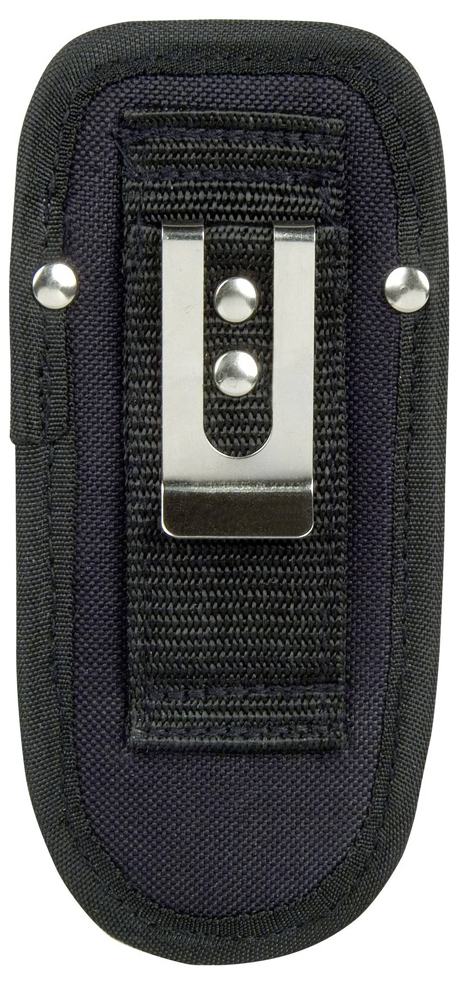 Black and grey holster with a metal buckle, suitable for tools or knives, designed to attach to a belt; made from robust material.