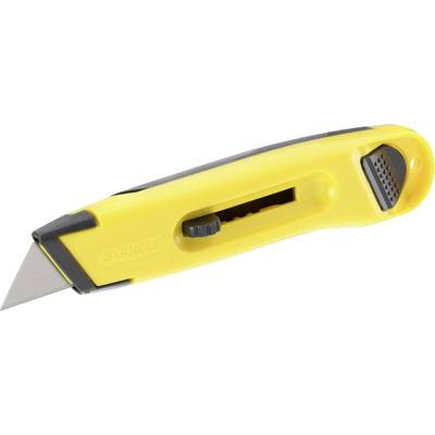 Yellow universal knife with black handle, sharp, retractable blade mechanism and rubberised thumb rest.