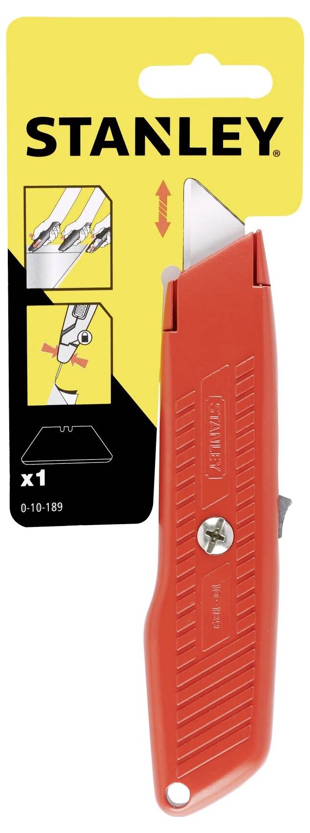 A red Stanley utility knife with a retractable blade. The packaging shows instructions for blade adjustment and the brand logo.