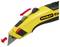 A yellow carpet knife with blade lock. A red arrow indicates the sliding mechanism for blade adjustment.
