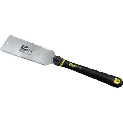 A handsaw with a black and yellow handle, marked with 'FatMax'. Developed for precise cutting of wood and other materials.