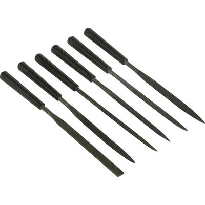 Six files with black handles lie parallel to each other on a white surface.