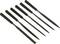 Six files with black handles lie parallel to each other on a white surface.