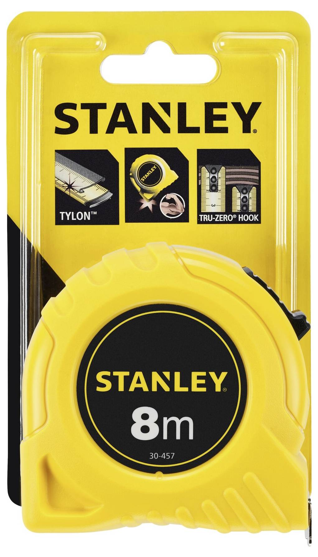 Yellow measuring tape in packaging, Stanley brand, 8 metres long, with Tylon coating for durability and Tru-Zero hook.