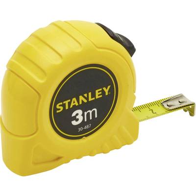 Yellow tape measure with a black label reading 'STANLEY 3m', with a small portion of the tape extended.