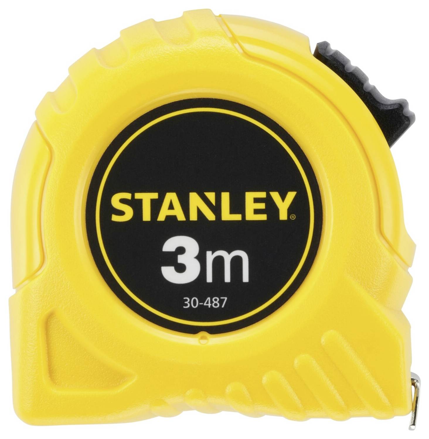 Stanley yellow measuring tape, 3 metres long, model number 30-487.