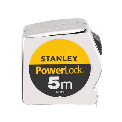 A silver Stanley PowerLock measuring tape, 5 metres in length.