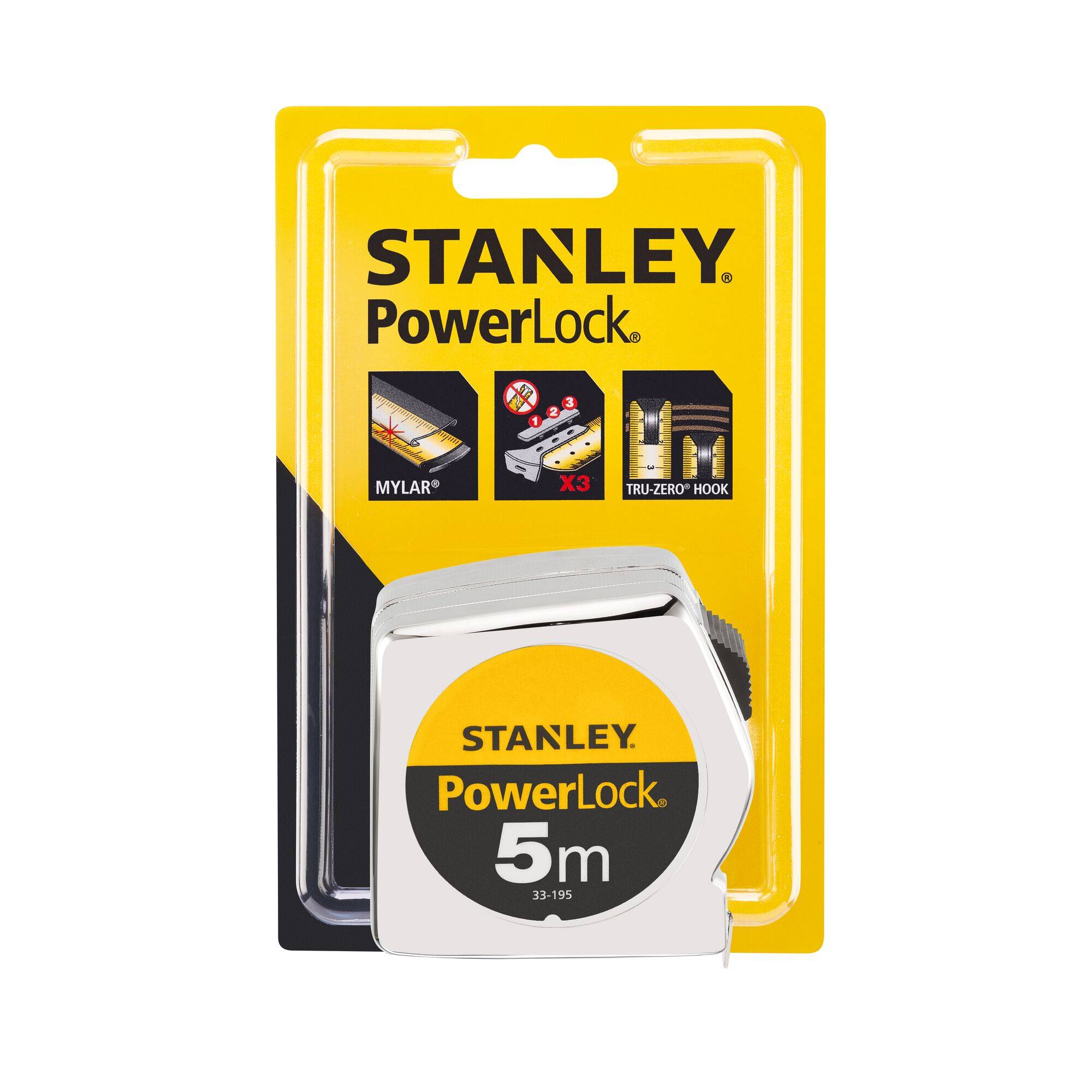 'Stanley PowerLock 5 m' tape measure in yellow and black packaging, featuring a Mylar coating and identified measuring accuracy.